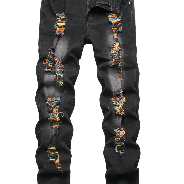 Men'S Black Jeans; Ripped Jeans; Multi-color Large Ripped Denim Trousers; Orange; Yellow; Blue Ripped Jeans